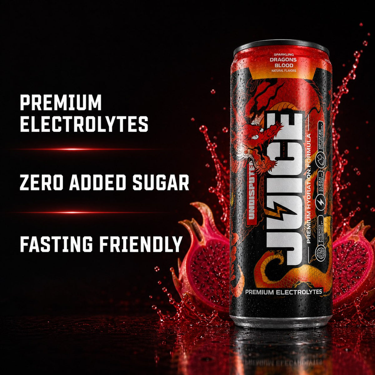 JUICE Sparkling Electrolytes: Dragon's Blood 24 pack key benefits panel