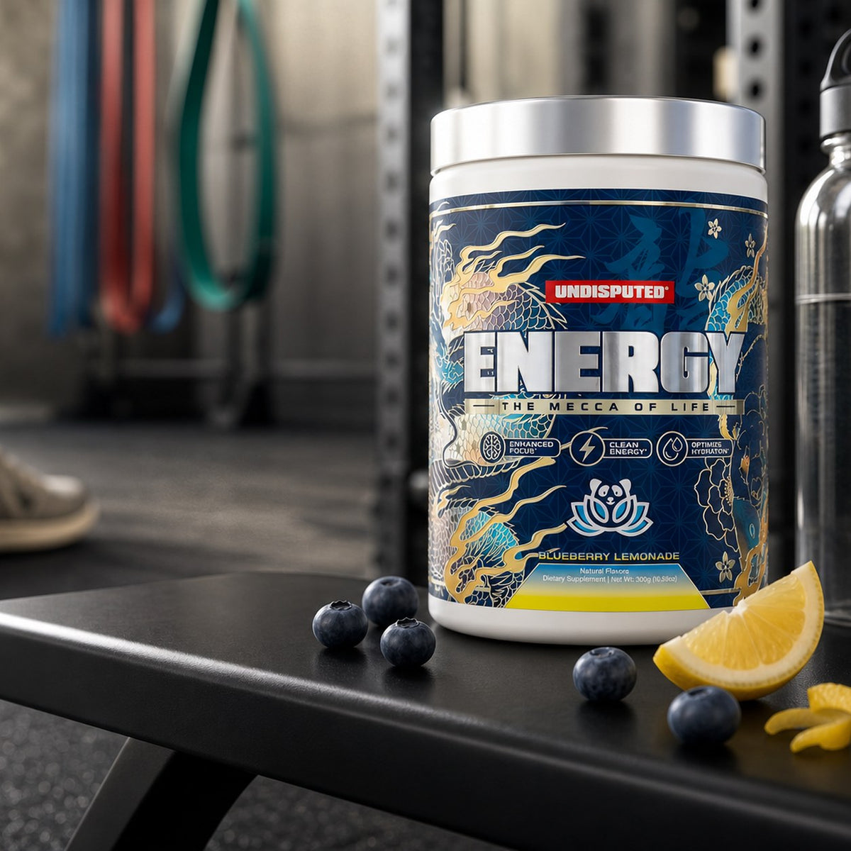 ENERGY High Stim Pre-workout Blueberry Lemonade lifestyle shot in a gym setting