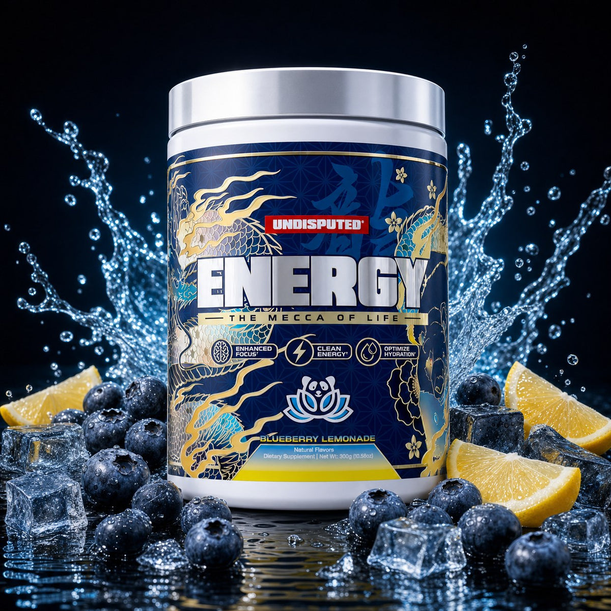 ENERGY High Stim Pre-workout Blueberry Lemonade high-stim pre-workout with Blueberry Lemonade fruit splash on black background