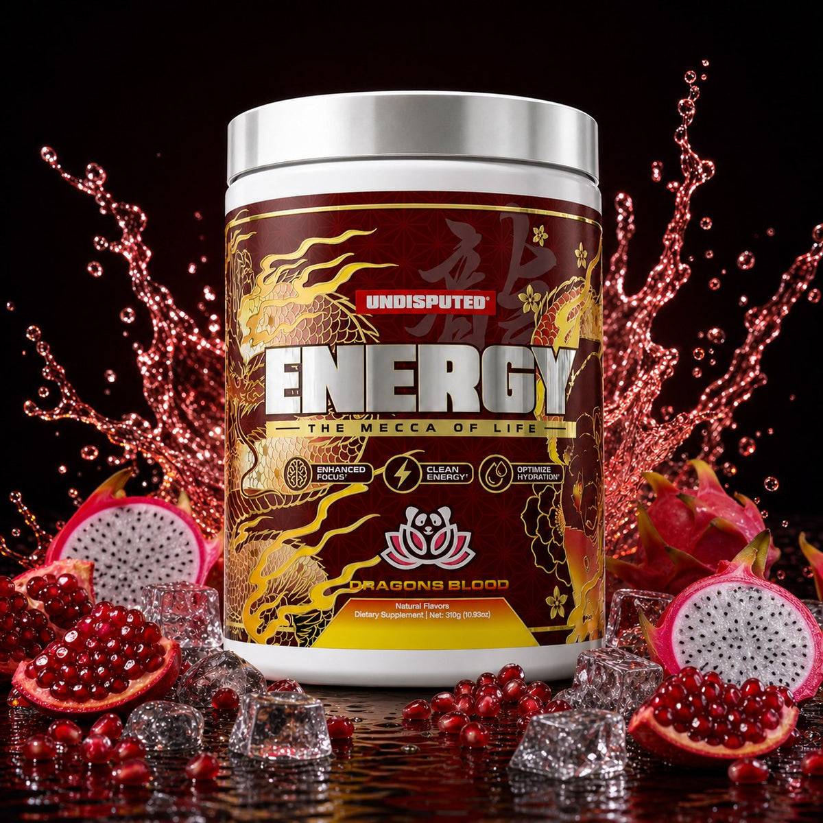 ENERGY High Stim Pre-Workout, Dragon's Blood high-stim pre-workout with Dragon's Blood fruit splash on black background