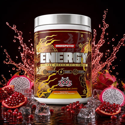 ENERGY High Stim Pre-Workout, Dragon's Blood high-stim pre-workout with Dragon's Blood fruit splash on black background