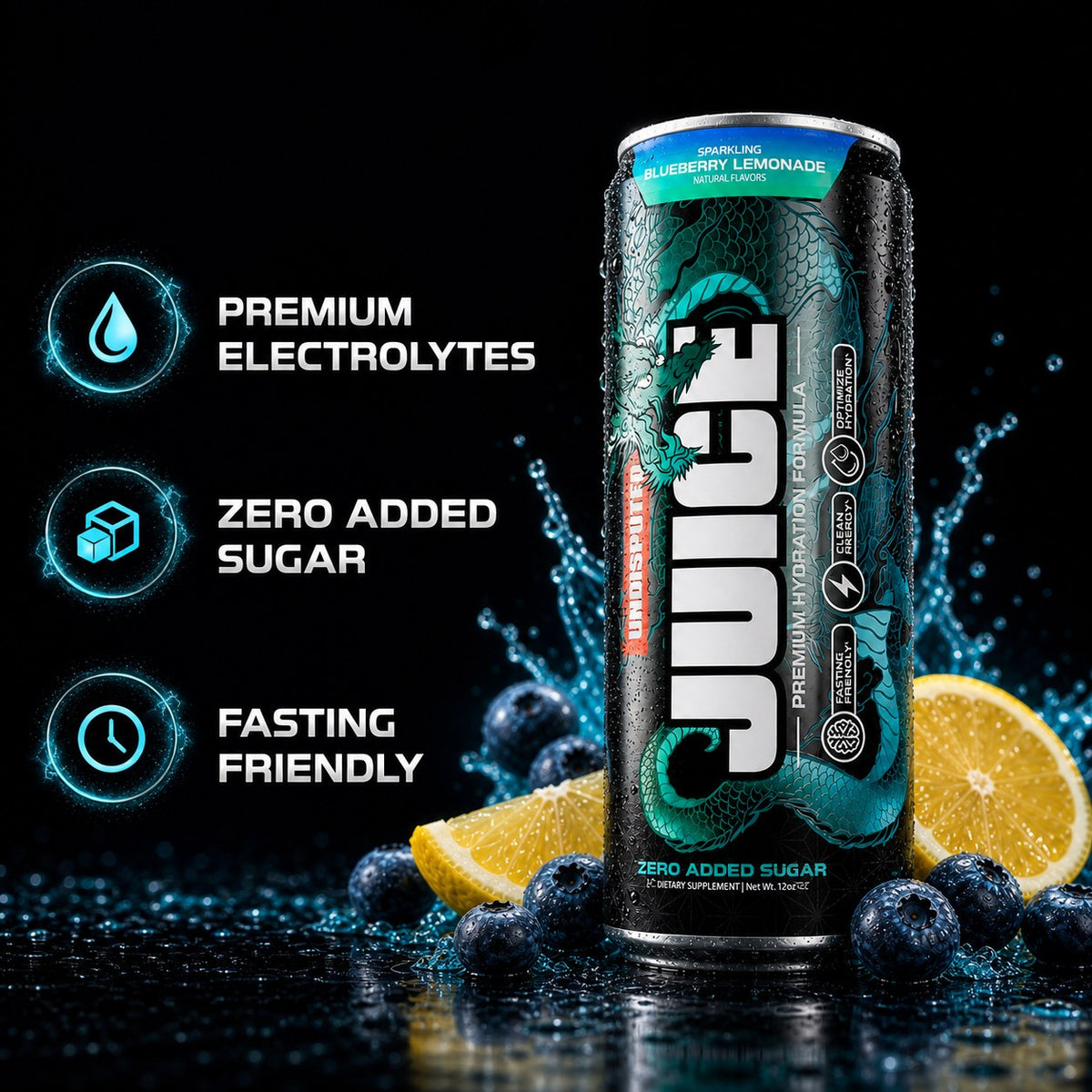JUICE Sparkling Electrolytes: Blueberry Lemonade 24 pack key benefits panel
