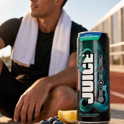 JUICE Sparkling Electrolytes: Blueberry Lemonade 24 pack lifestyle shot in a gym setting