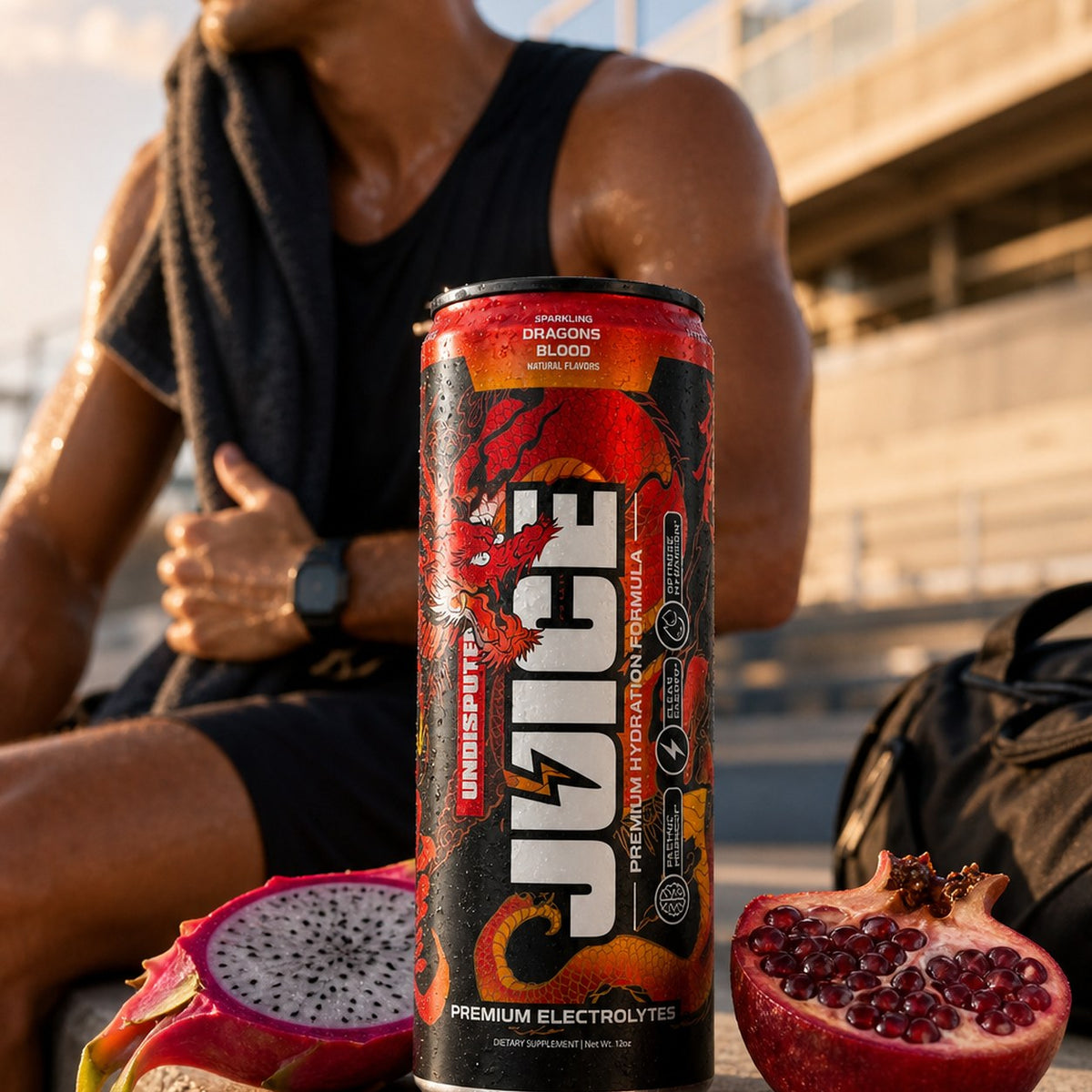JUICE Sparkling Electrolytes: Dragon's Blood 24 pack lifestyle shot in a gym setting