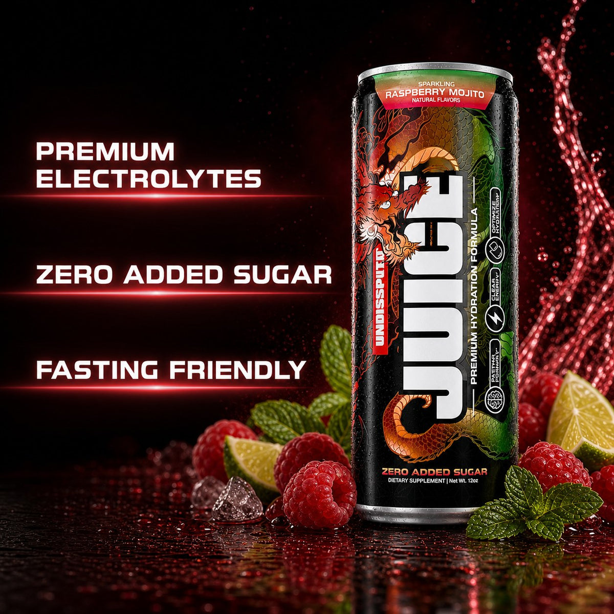 JUICE Sparkling Electrolytes: Raspberry Mojito 24 pack key benefits panel
