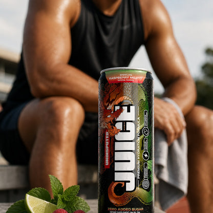 JUICE Sparkling Electrolytes: Raspberry Mojito 24 pack lifestyle shot in a gym setting