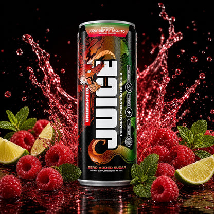 JUICE Sparkling Electrolytes: Raspberry Mojito 24 pack sparkling electrolytes with Raspberry Mojito fruit splash on black background