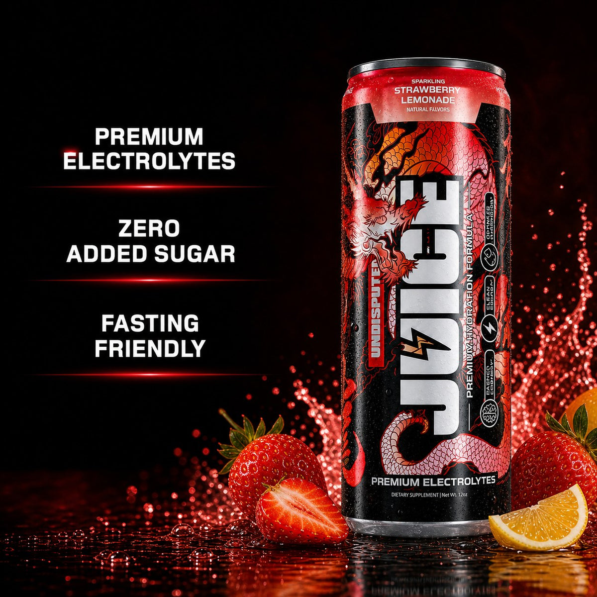 JUICE Sparkling Electrolytes: Strawberry Lemonade 24 pack key benefits panel