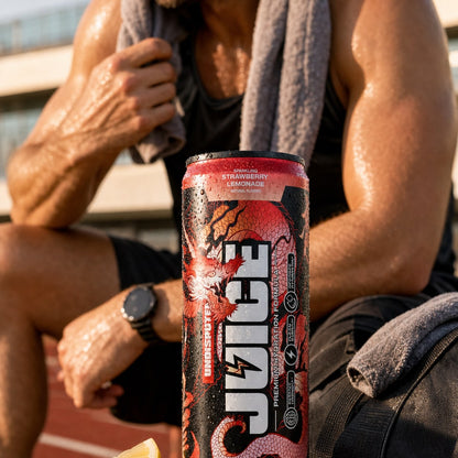 JUICE Sparkling Electrolytes: Strawberry Lemonade 24 pack lifestyle shot in a gym setting