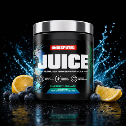 JUICE Electrolytes: Blueberry Lemonade electrolytes with Blueberry Lemonade fruit splash on black background