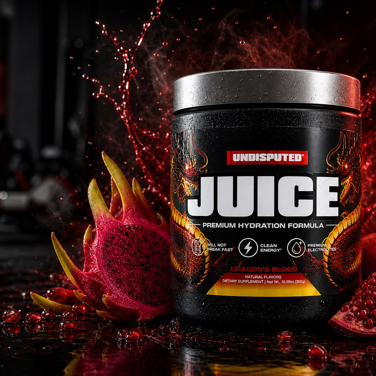 JUICE Electrolytes: Dragon's Blood lifestyle shot in a gym setting