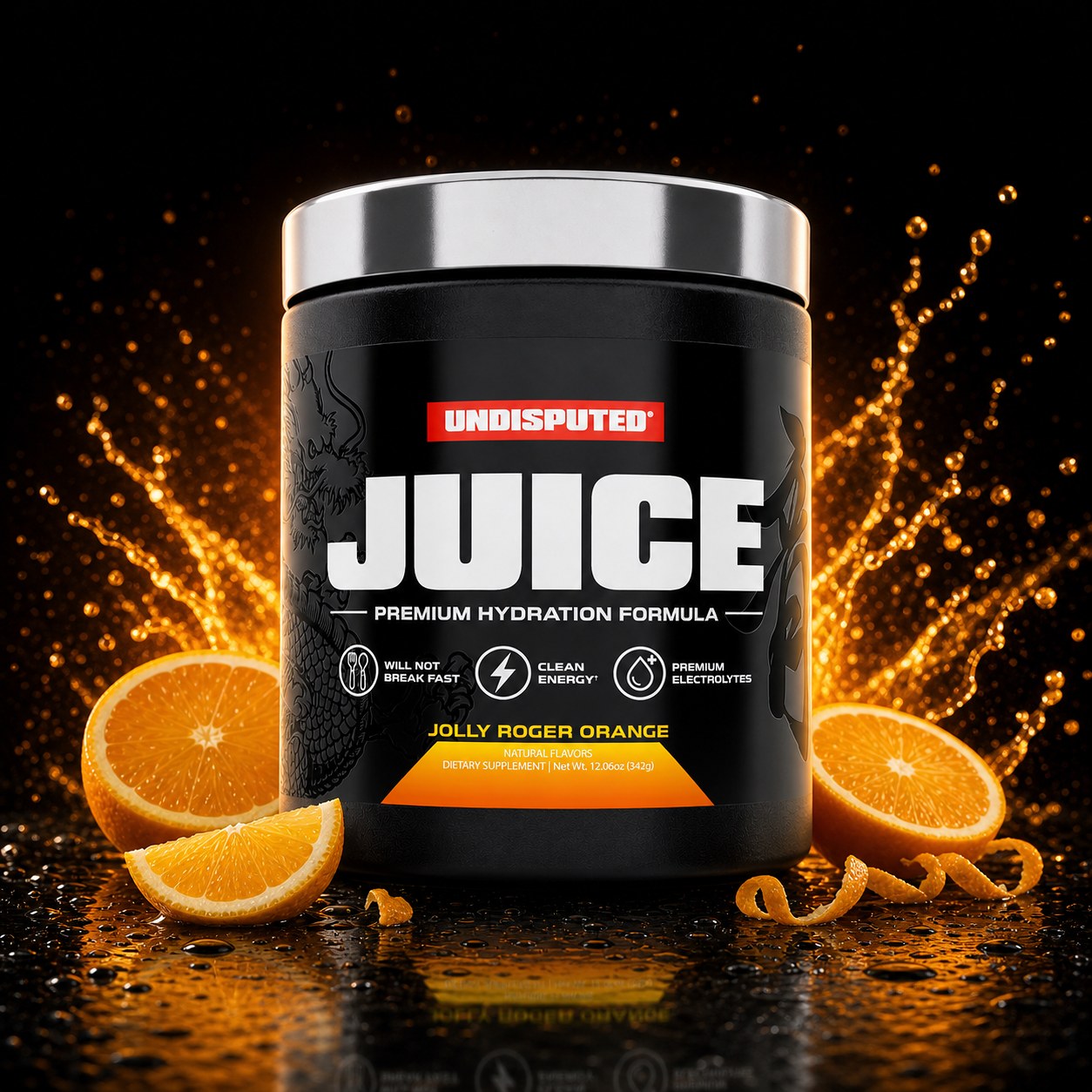 JUICE Electrolytes: Jolly Roger Orange electrolytes with Jolly Roger Orange fruit splash on black background