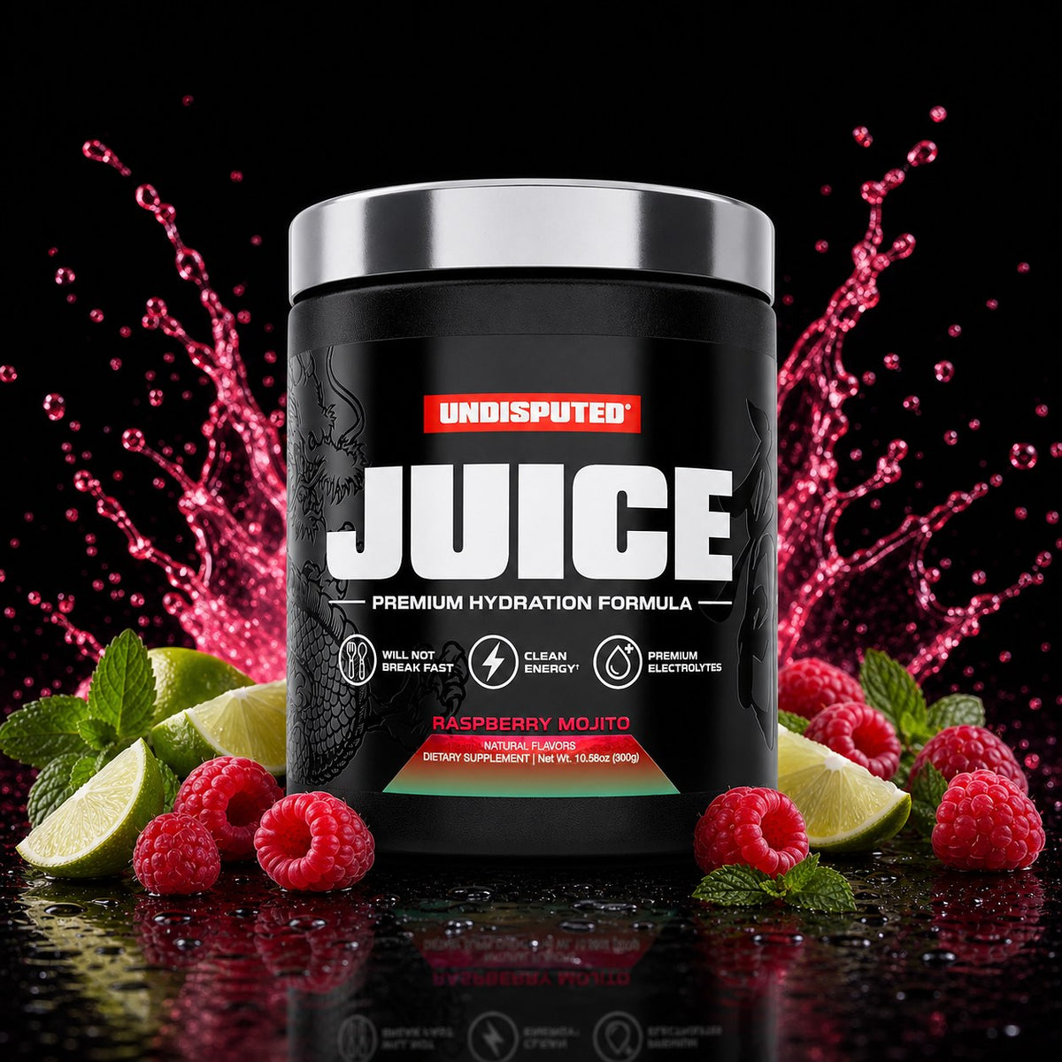 JUICE Electrolytes: Raspberry Mojito electrolytes with Raspberry Mojito fruit splash on black background