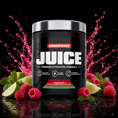 JUICE Electrolytes: Raspberry Mojito electrolytes with Raspberry Mojito fruit splash on black background