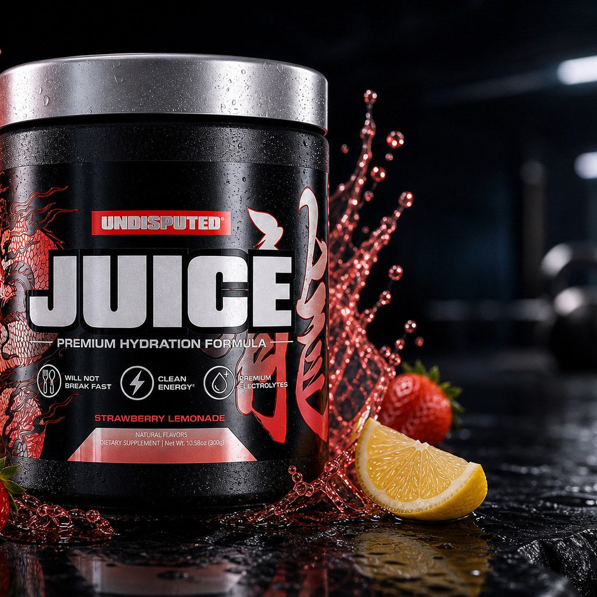 JUICE Electrolytes: Strawberry Lemonade lifestyle shot in a gym setting