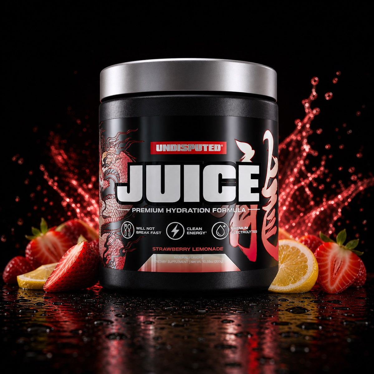 JUICE Electrolytes: Strawberry Lemonade electrolytes with Strawberry Lemonade fruit splash on black background